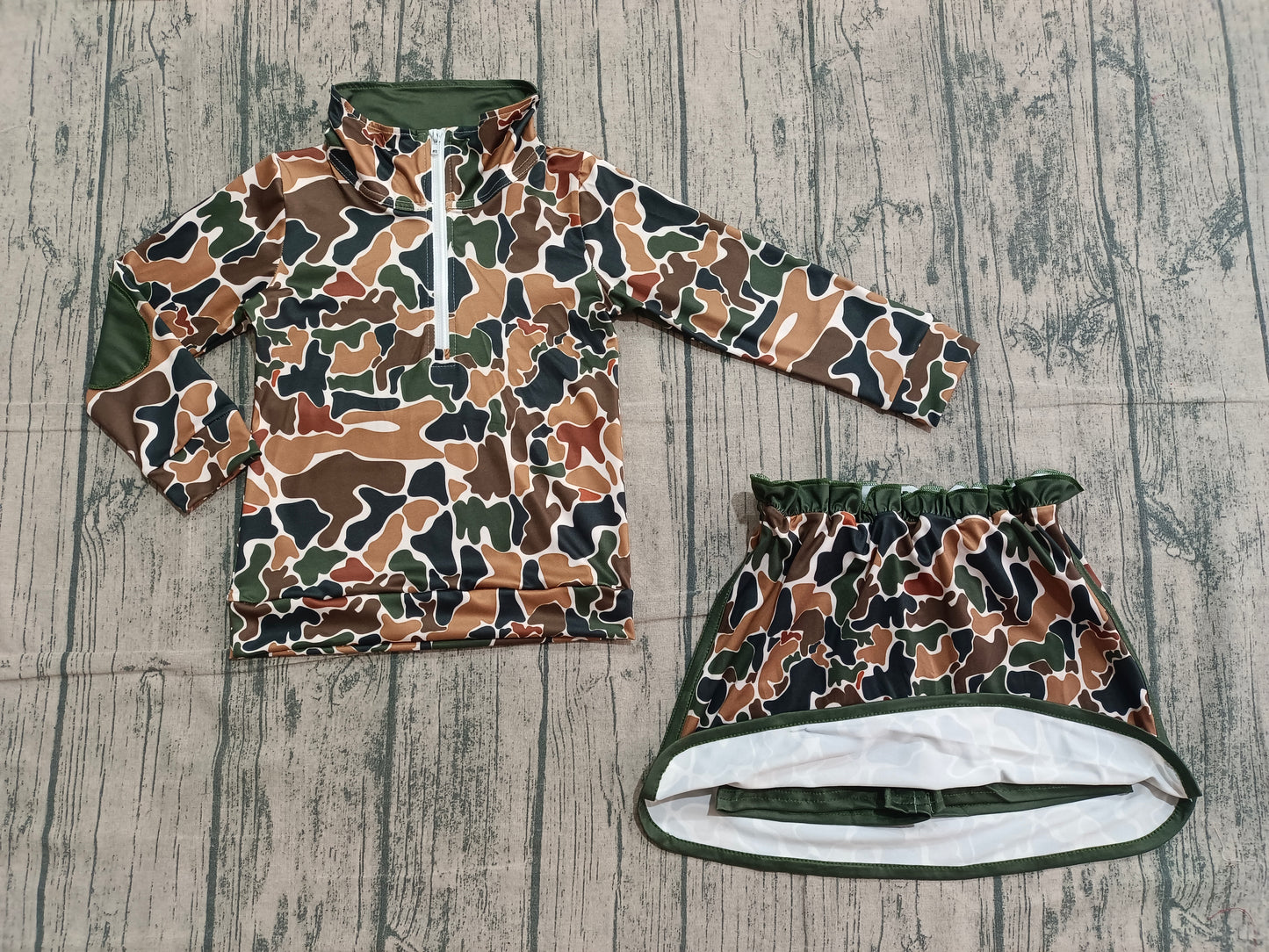 Baby Girls Kids Long Sleeves Brown Green Camo Zipper Pullover Skirt Shorts Set RTS