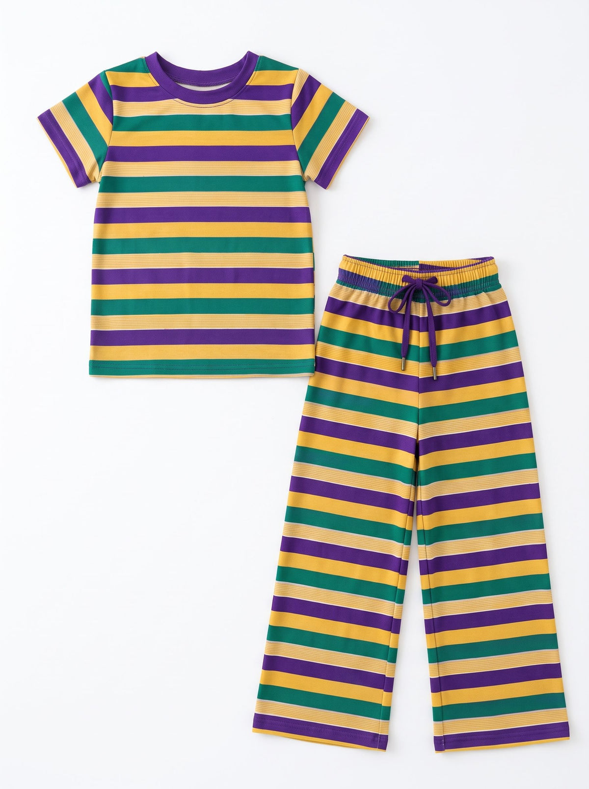 ( Moq 5 ) Preorder Baby Girls Kids Short Sleeves Stripes Shirt Pants Set Mardi Gras Clothes