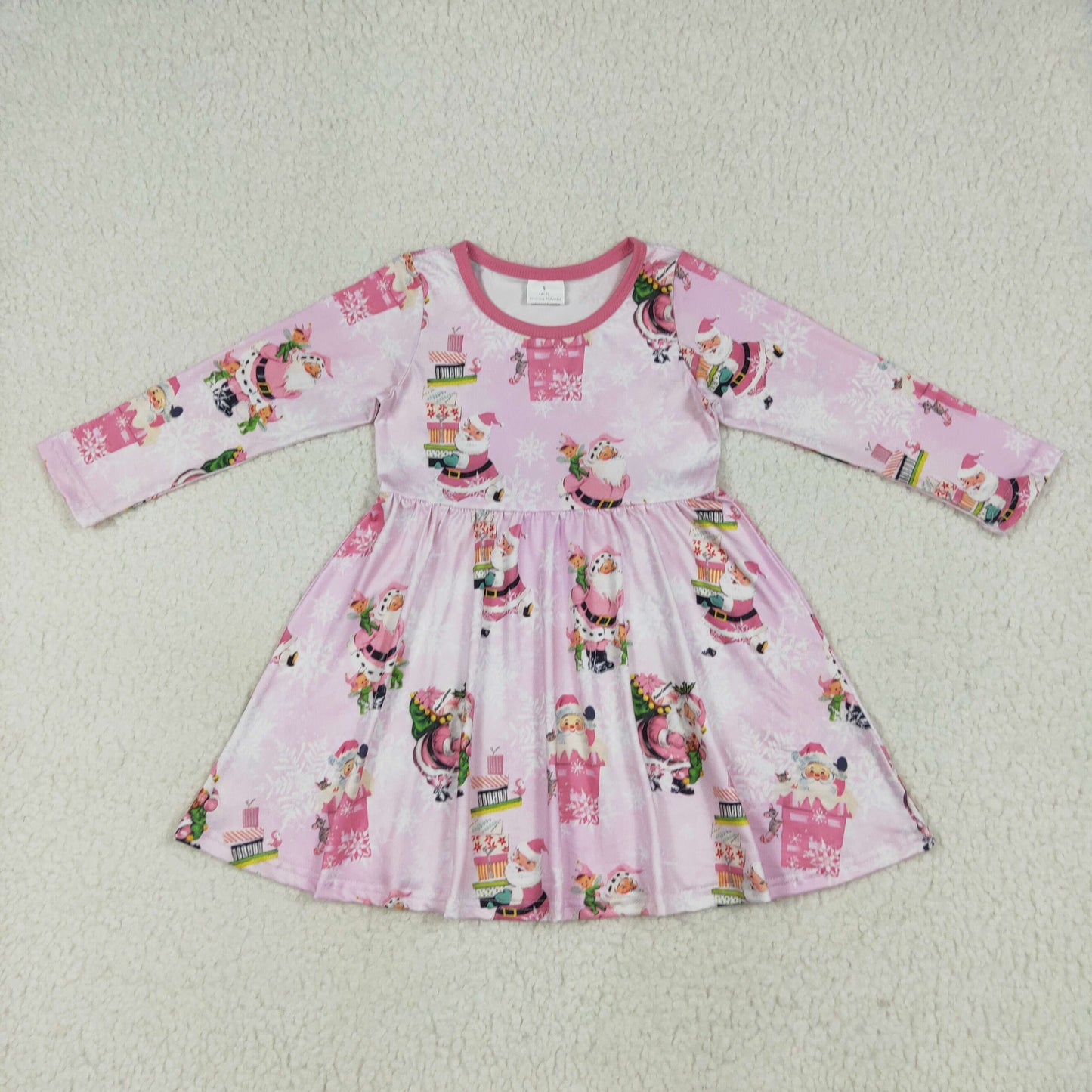 Baby Girl Infant Long Sleeves Christmas Santa Pink Knee Length Dress RTS