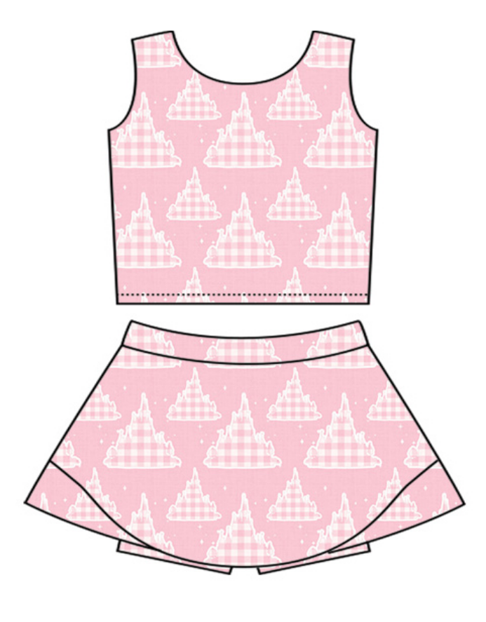 ( Moq 5 Each Style ) Sibling Baby Girls Kids Sleeveless Castle Tops Scallop Skirt Shorts Set Pink Clothes
