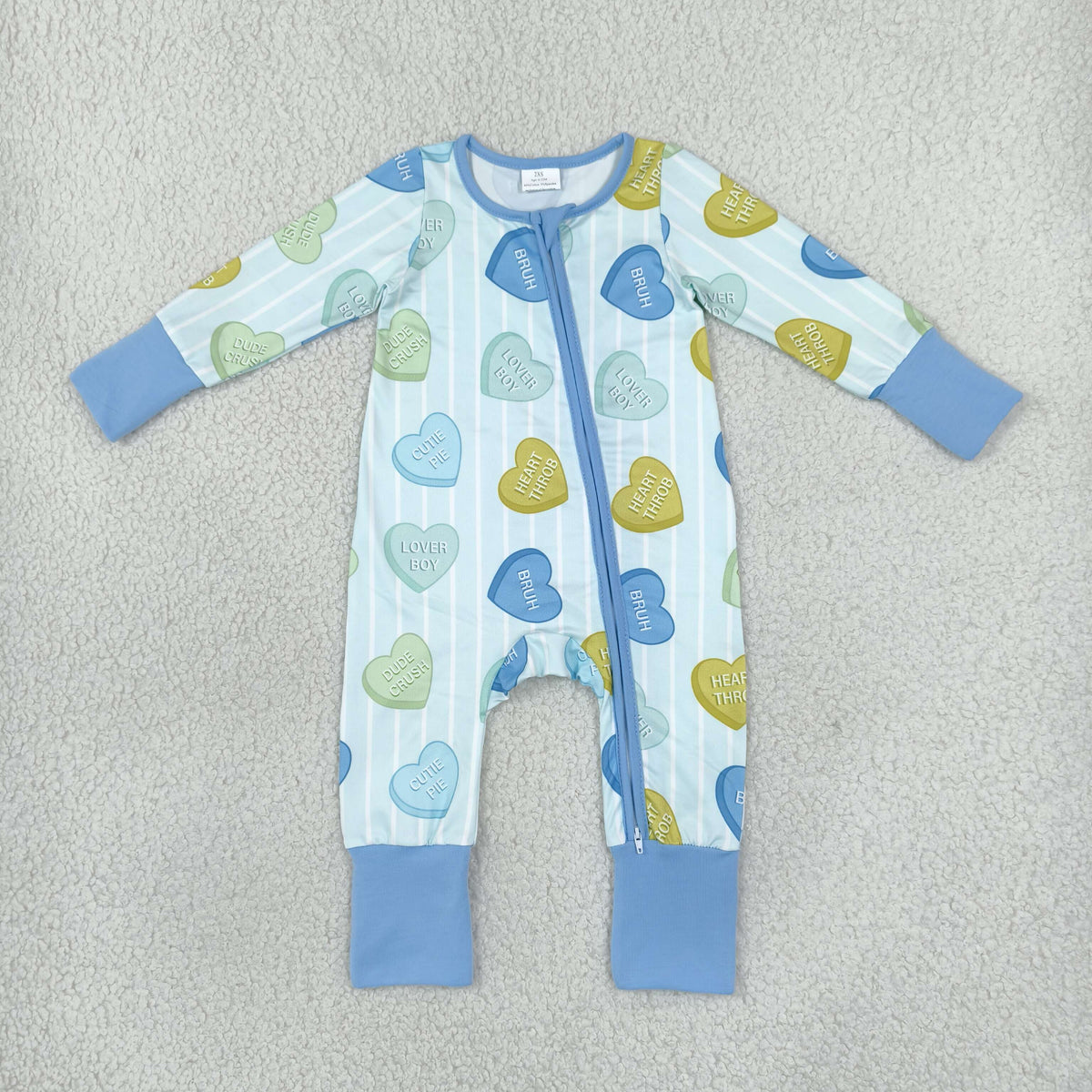 Sibling Baby Boys Girls Kids Long Sleeves Valentine Hearts Stripes Zipper Rompers Set Clothes RTS