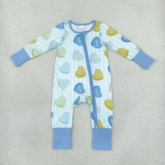 Baby Boys Infant Valentine Hearts Blue Stripes Zipper Footie Sleeper Romper Clothes RTS