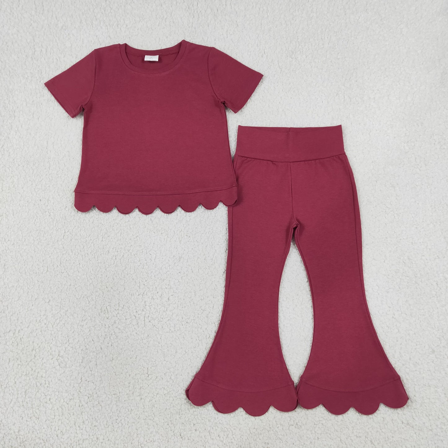 Baby Girls Kids Short Sleeves Dark Red Shirt Pants Scallop Set Clothes RTS