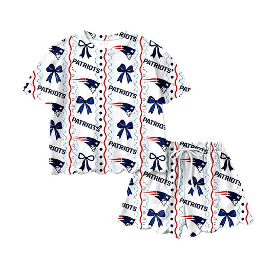 ( No moq ) Preorder Baby Girls Kids Short Sleeves Navy Bows Shirt Scallop Shorts Set Team Clothes
