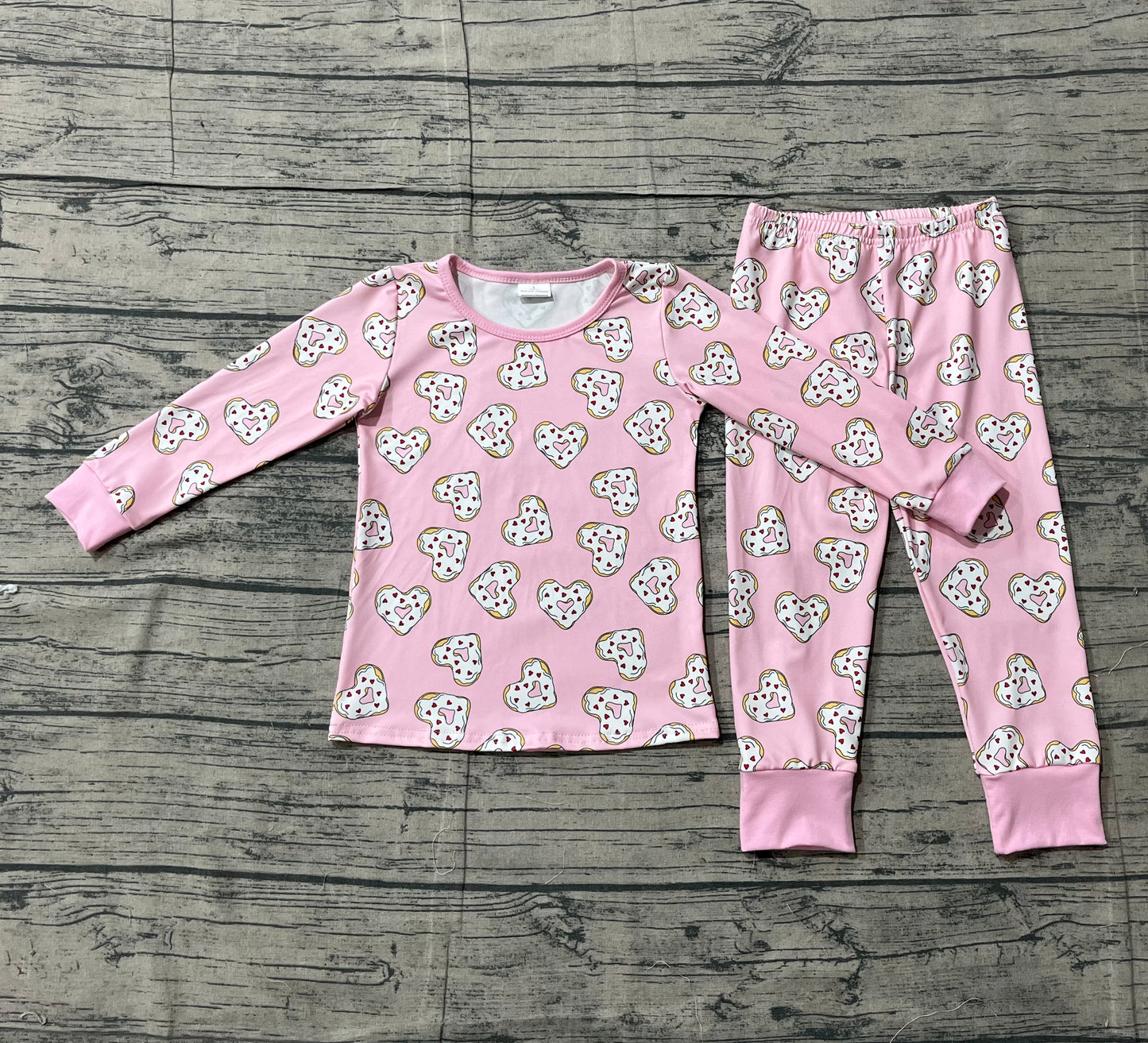 Baby Girls Kids Long Sleeves Donuts Hearts Shirt Pants Valentines Pajamas Pink Set RTS