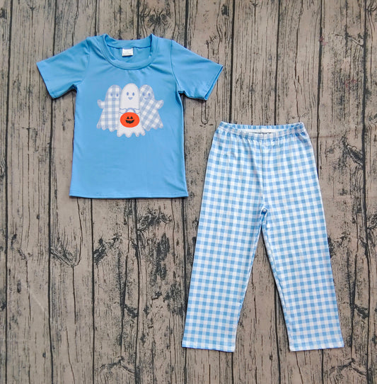 Preorder Baby Boy Short Sleeves Embroidery Ghost Pumpkin Shirt Plaid Pants Halloween Blue Set（ No moq ）