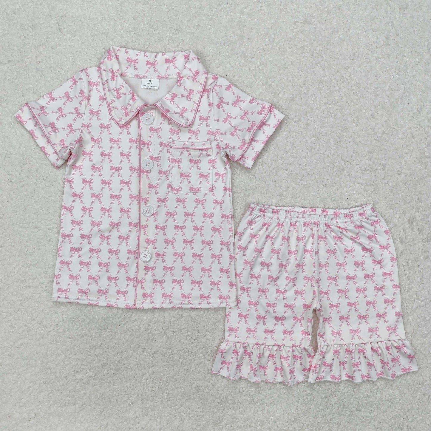 RTS Baby Girl Short Sleeves Pink Bows Buttons Pocket Shirt Shorts Pajamas Set