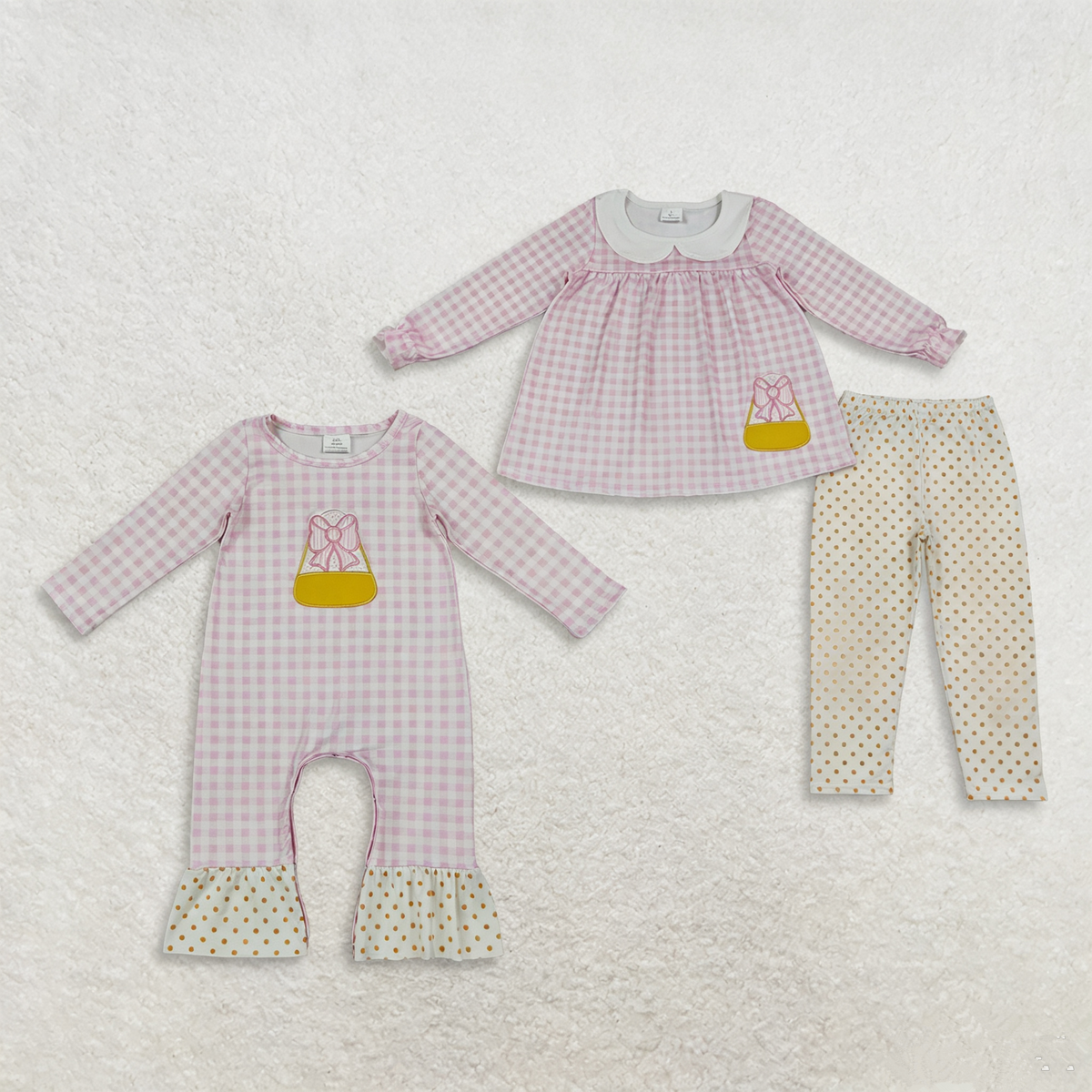 Sibling Baby Girls Kids Embroidery Halloween Bows Candy Pink Plaid Romper Set Halloween Clothes RTS