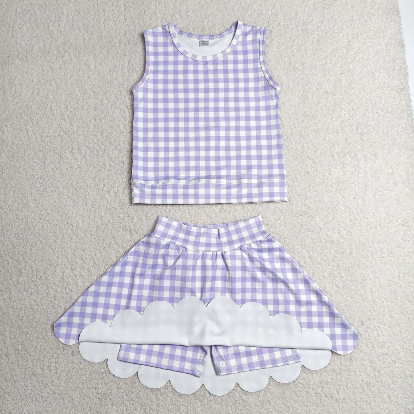 Baby Girls Kids Purple Plaid Shirt Scallop Skirt Shorts Yoga Active Set Clothes RTS