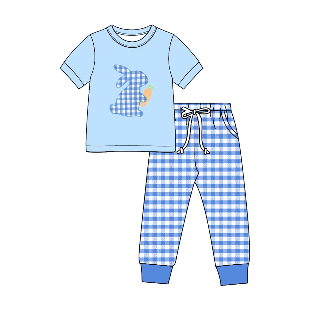 ( Moq 5 ) Preorder Baby Boys Kids Rabbit Carrot Shirt Blue Plaid Pockets Pants Easter Set Clothes