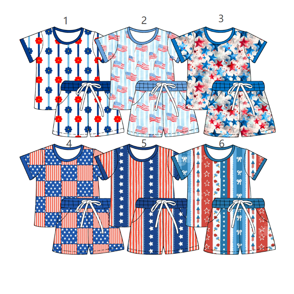 ( Moq 5 Each Style ) Sibling Baby Girls Kids Flags Stars Shirts Pockets Shorts 4th of July Sets