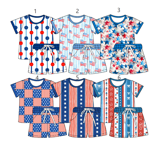 ( Moq 5 Each Style ) Sibling Baby Girls Kids Flags Stars Shirts Pockets Shorts 4th of July Sets