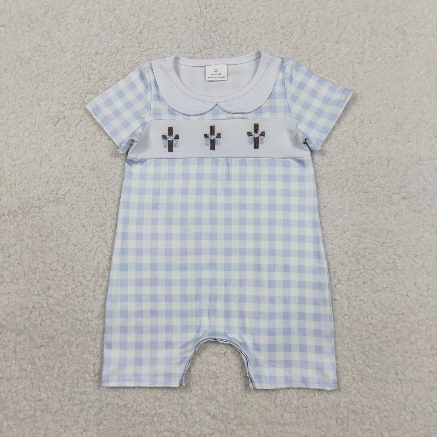 Sibling Baby Boys Kids Short Sleeves Embroidery Crosses Plaid Easter Rompers Dress RTS