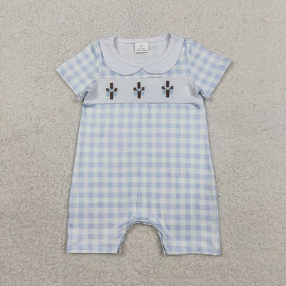 Sibling Baby Boys Infant Embroidery Crosses Blue Plaid Easter Rompers RTS