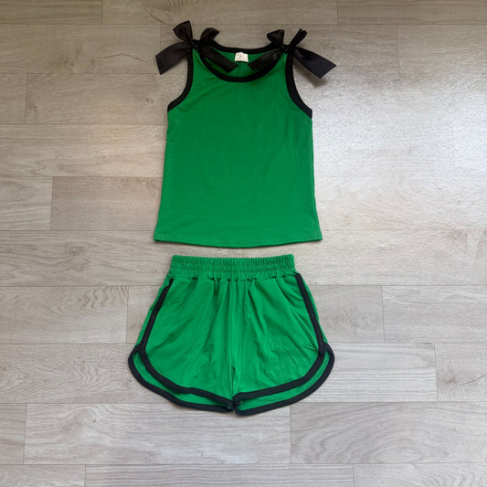 ( No moq ) Preorder Baby Girls Kids Black Bows Shirt Shorts Green Set Summer Clothes