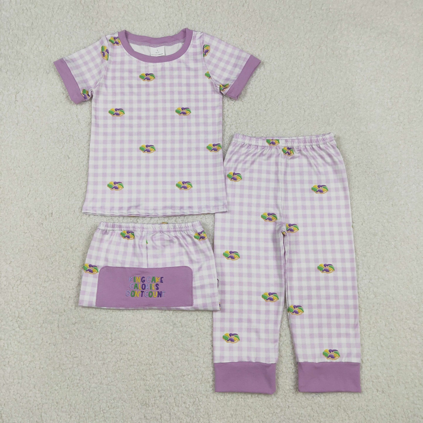 Baby Boys Donuts Shirt Purple Plaid Embroidery Pants Pajamas Mardi Gras Set RTS