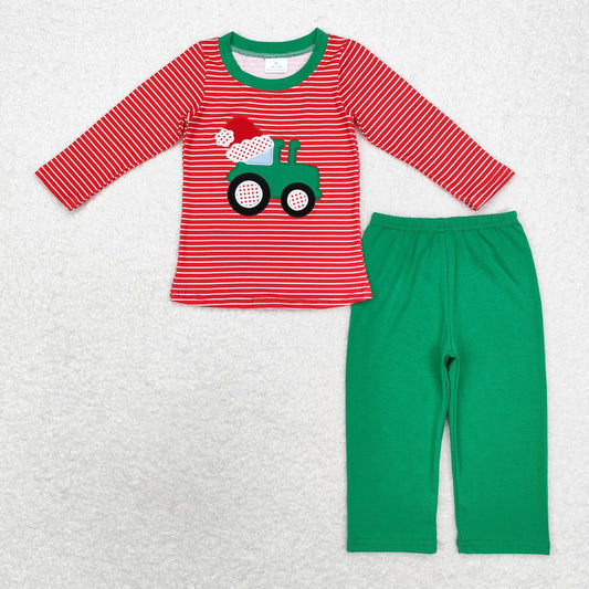 Baby Boy Christmas Red Stripes Embroidery Tractor Santa Shirt Green Pants Set