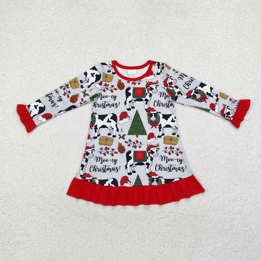 Baby Girl Long Sleeves Christmas Cows Knee Length Gowns Dress