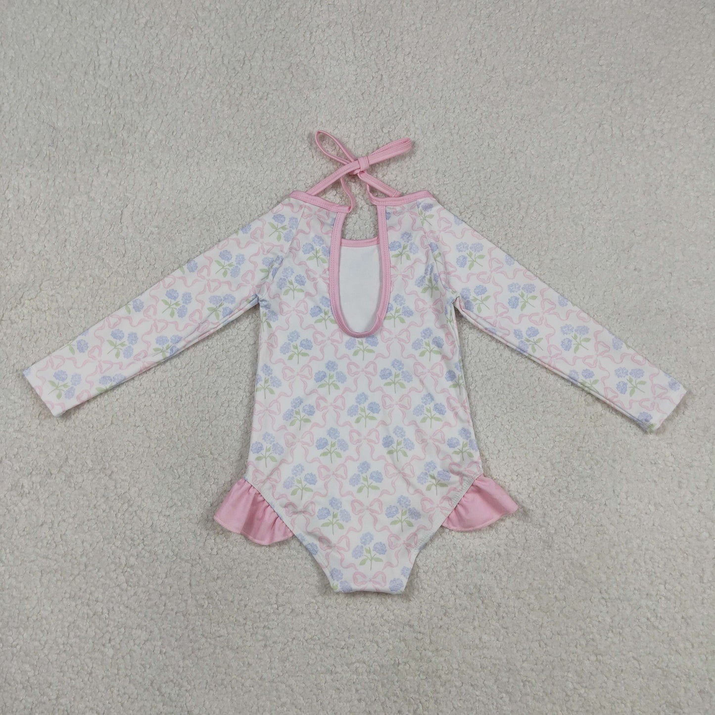 Baby Girls Kids Long Sleeves Bows Flower Pink Ruffle One-piece Swimsuit RTS