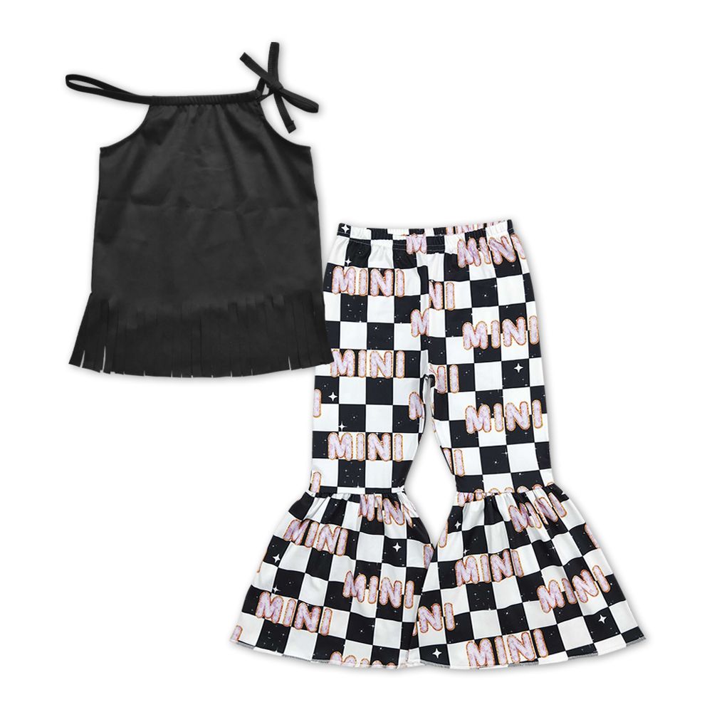 GSPO1185 Baby Girl Black Tops MIni Checkered Bell Pants Set