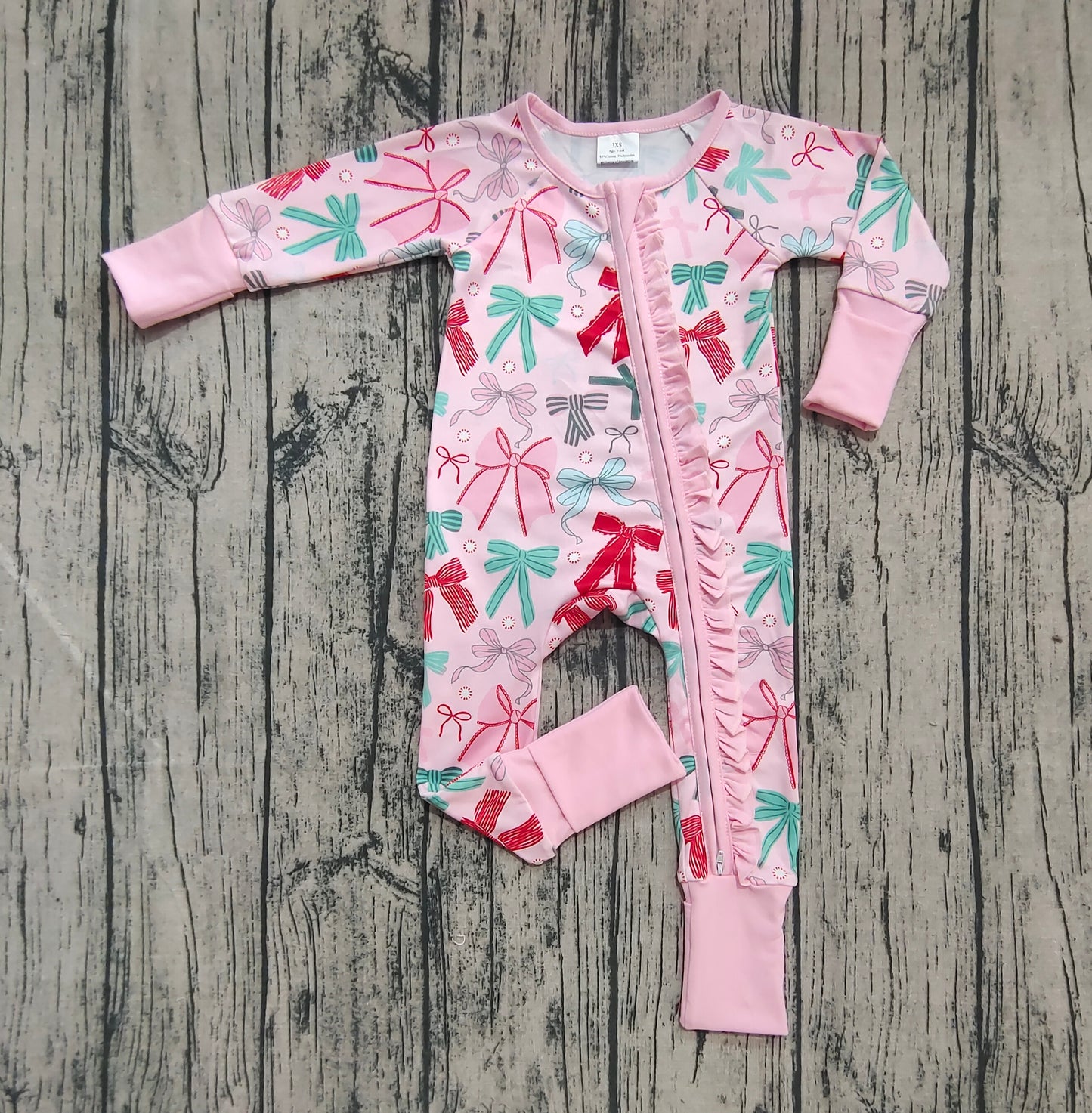 Baby Girl Long Sleeves Colorful Bows Ruffle Zipper Christmas Romper RTS