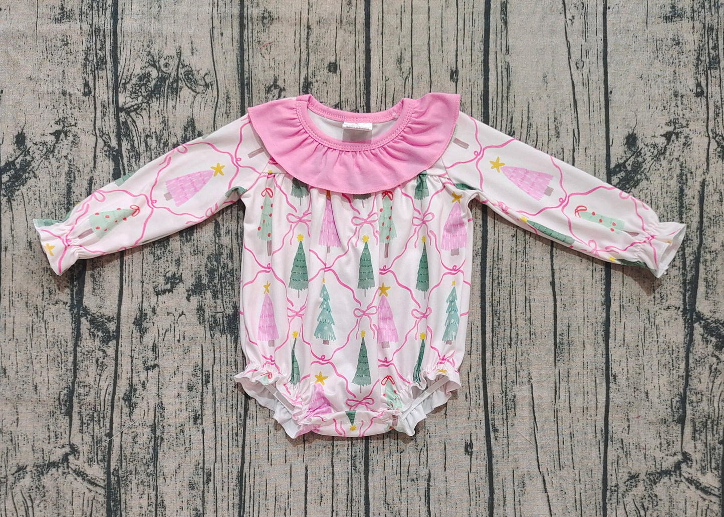 Baby Girl Long Sleeves Bows Trees Ruffle Christmas Bubble Romper RTS