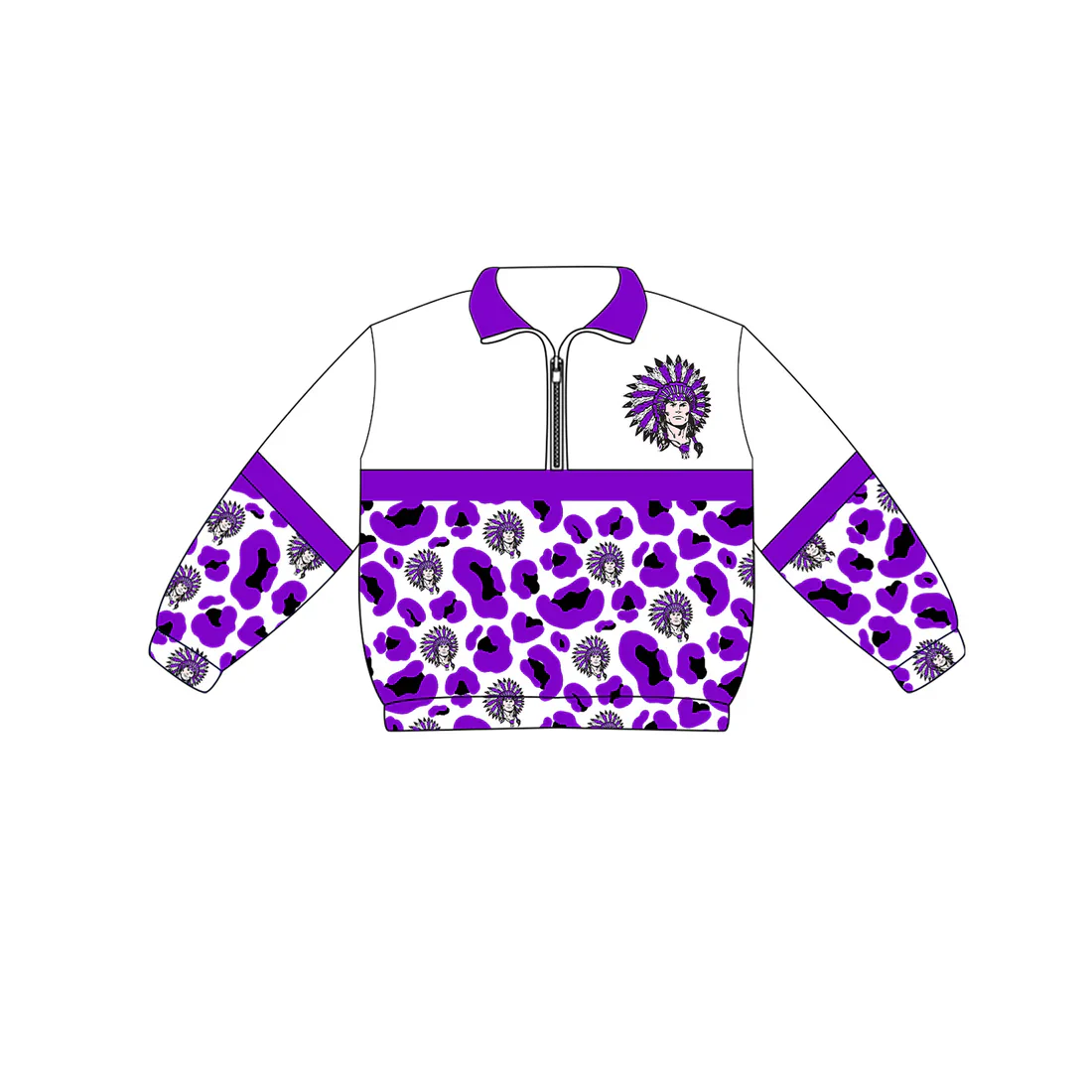 ( Moq 5 ) Baby Girls Kids Long Sleeves Purple Leopard Team Zipper Pullover Shirt Clothes