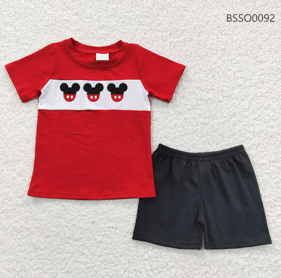 Promotion Baby Boy Red Short Sleeves Embroidery Shirt Black Shorts Cartoon Outfit RTS