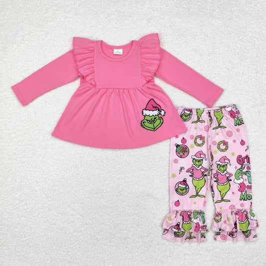 Baby Girl Christmas Pink Embroidery Frog Tunic Ruffle Pants Set