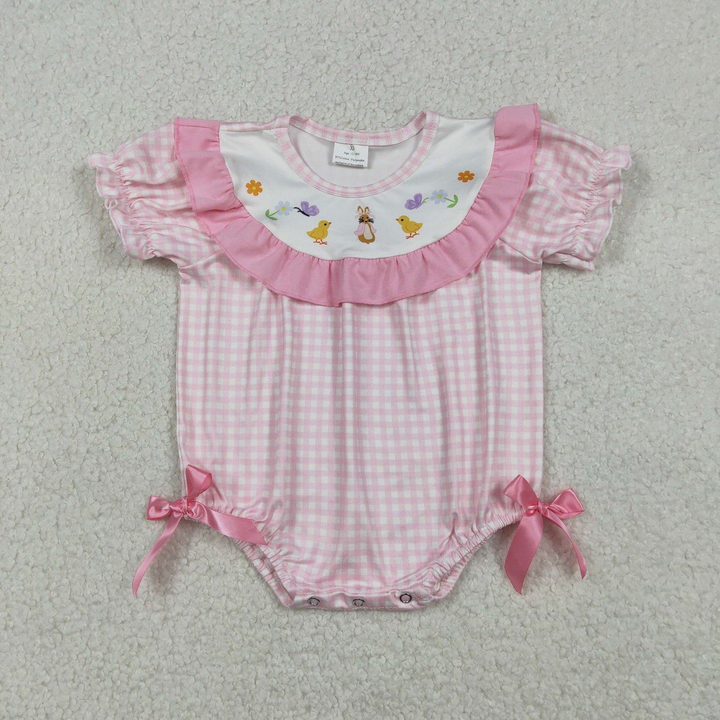 Baby Girls Infant Short Sleeves Chicks Rabbit Flower Pink Plaid Easter Romper RTS