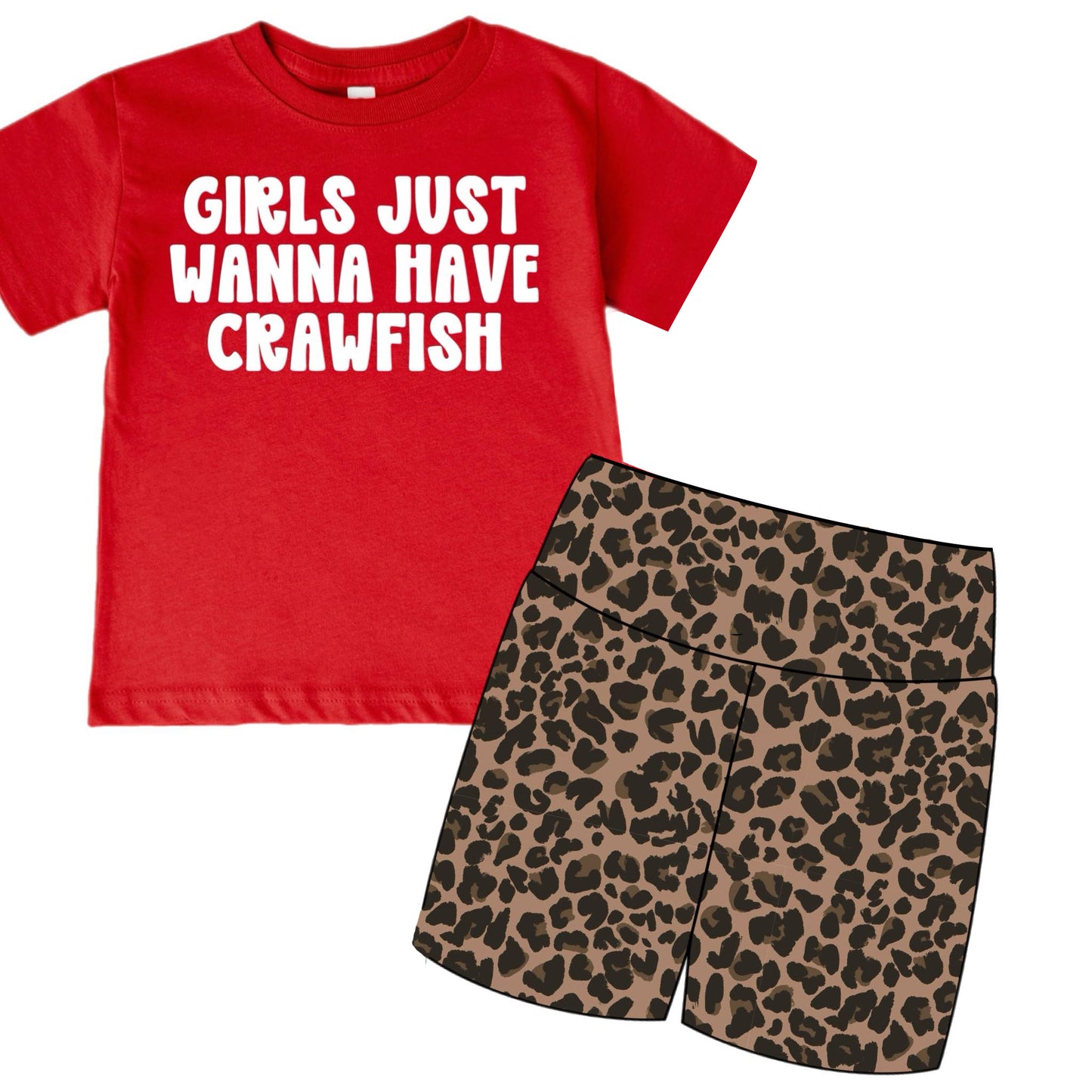 ( Moq 5 ) Preorder Baby Girls Short Sleeves Red Shirt Leopard Shorts Summer Set Clothes