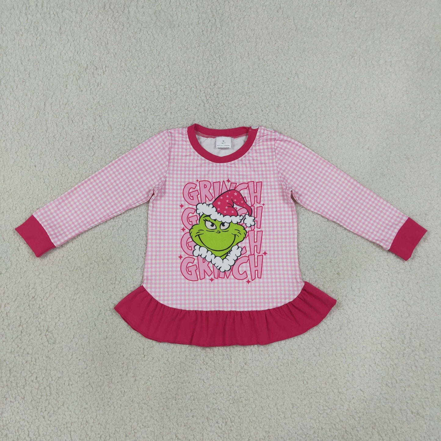 Baby Girl Long Sleeves Green Face Christmas Pink Plaid Ruffle Shirt RTS