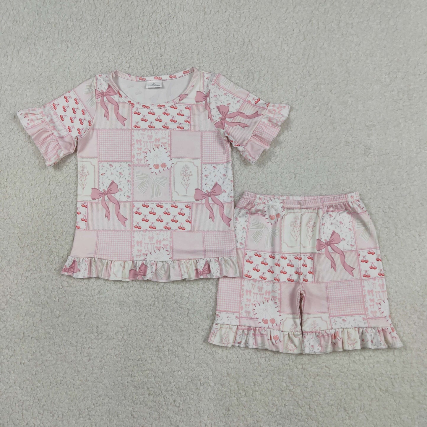 Baby Girls Kids Short Sleeves Bows Plaid Shirt Shorts Summer Clothes Set RTS
