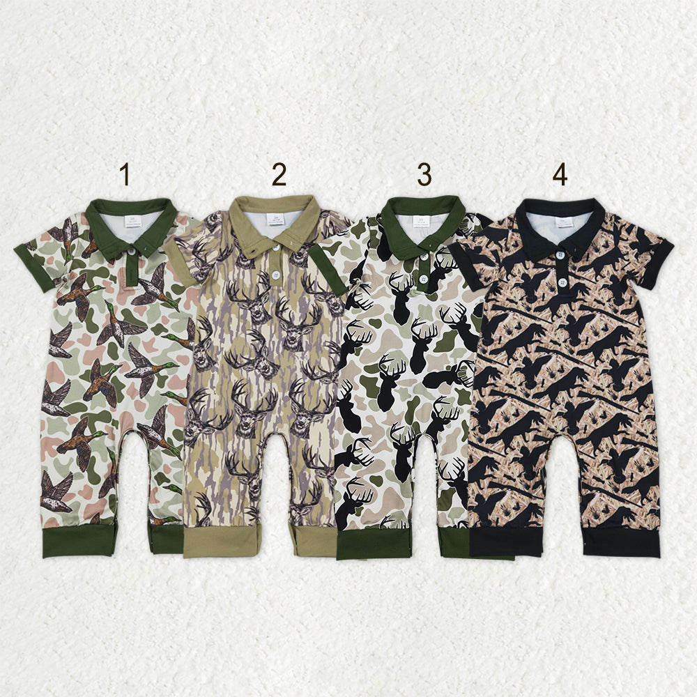 Sibling Baby Boys Short Sleeves Deer Dogs Ducks Camo Hunting Buttons Rompers Clothes RTS