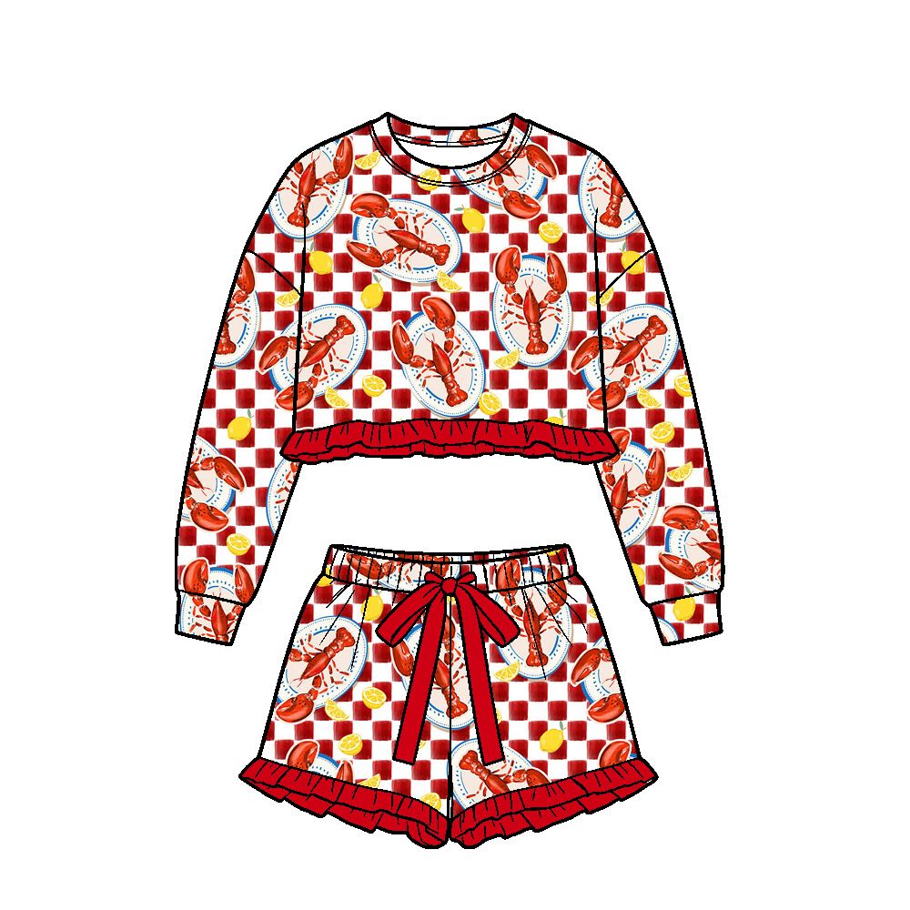 ( Moq 5 ) Preorder Baby Girls Kids Long Sleeves Crayfish Red Checked Shirt Shorts Set Clothes