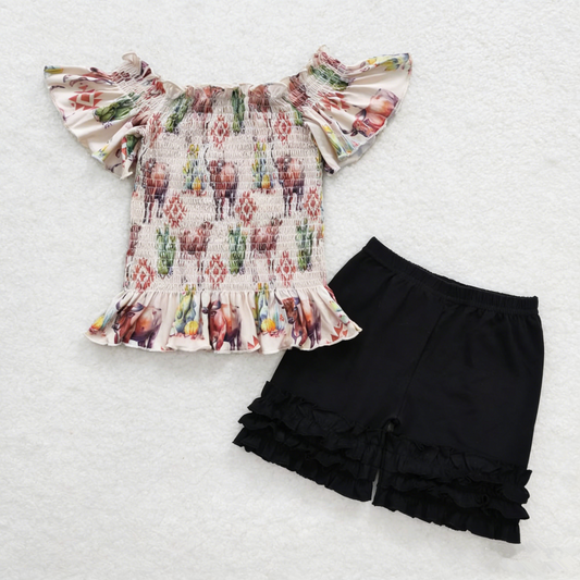 Baby Girl Kids Short Sleeves Cow Cactus Tops Black Shorts Set Western Clothes RTS