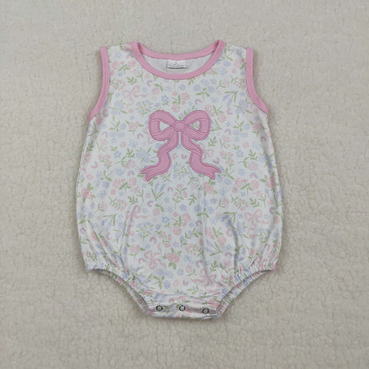 Baby Girls Kids Sleeveless Embroidery Bow Floral Bubble Romper RTS