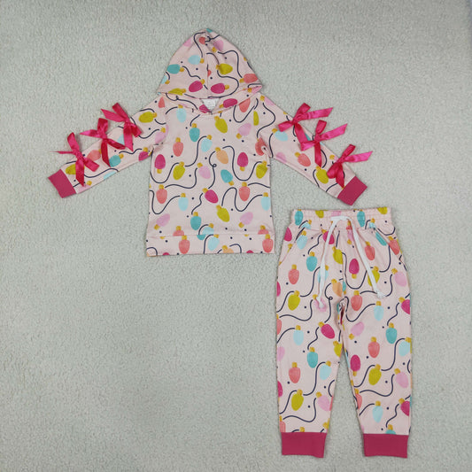 Baby Girls Kids Christmas Lights Hoodie Bows Pullover Pockets Pants Set Clothes RTS