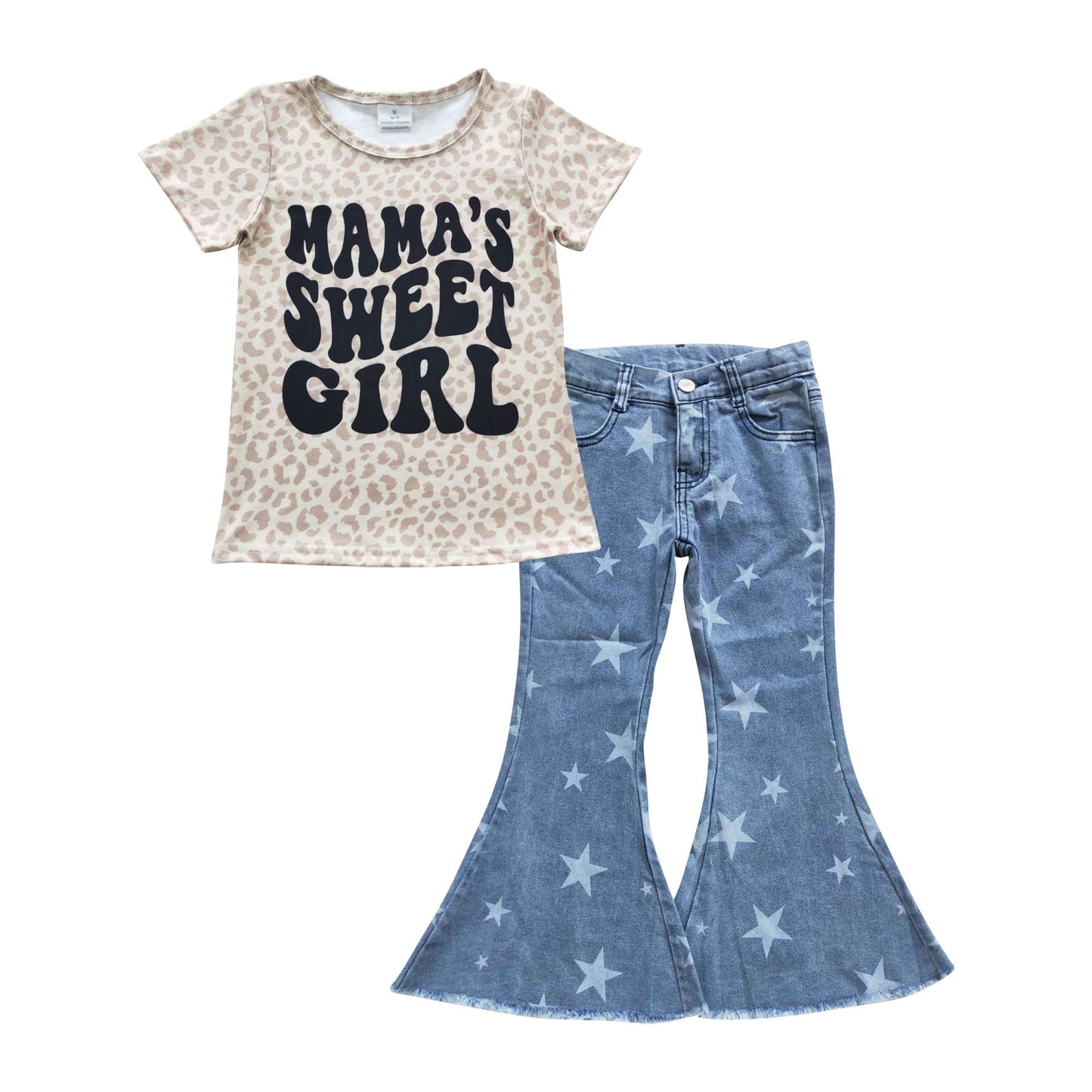 Mama's Sweet Girl Short Sleeves Leopard Shirt Stars Blue Denim Pants Western Outfit