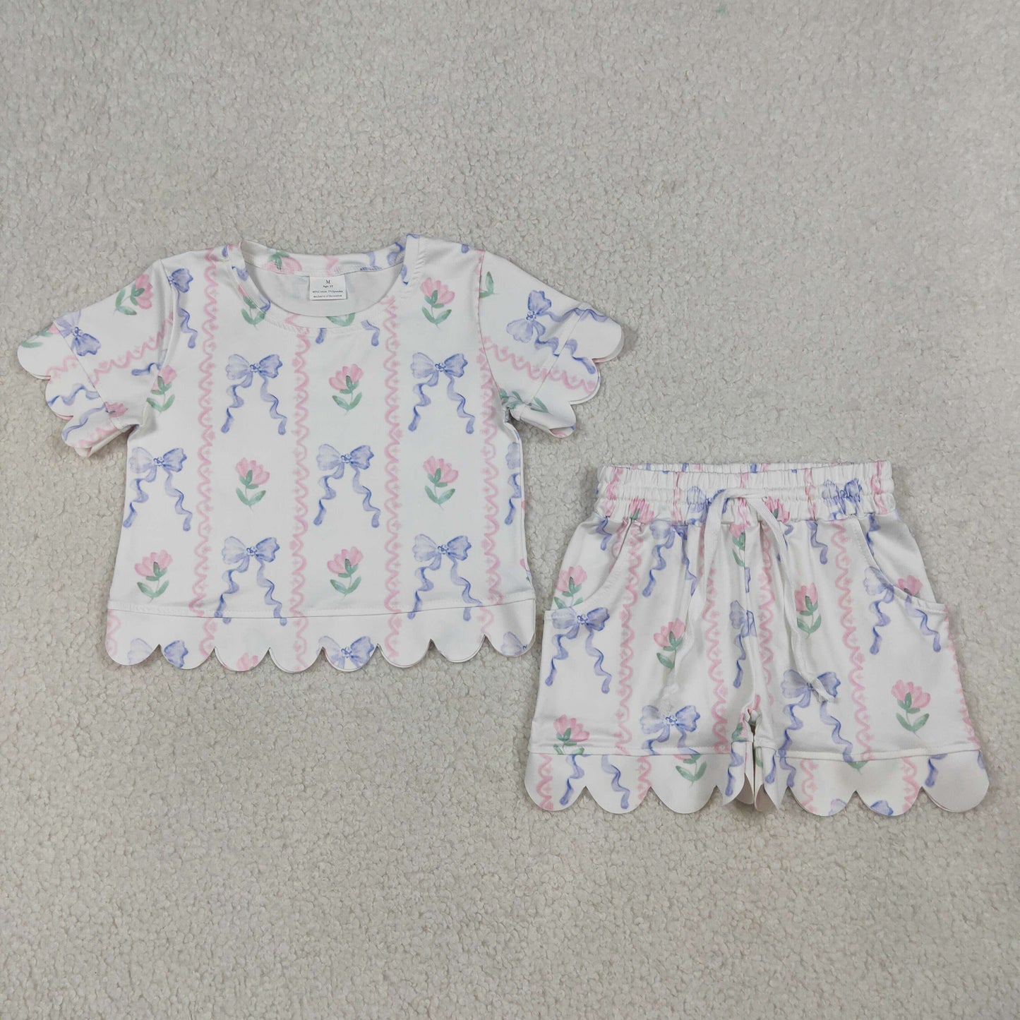 Baby Girls Kids Short Sleeves Flower Bows Shirt Shorts Summer Set RTS