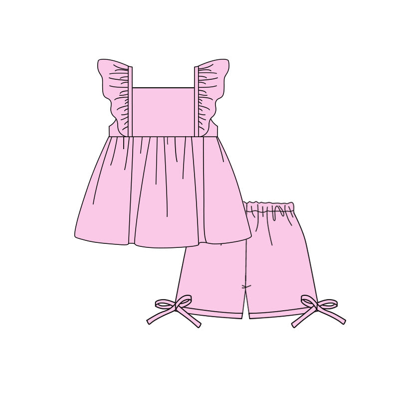 ( Moq 5 ) Preorder Baby Girl Kids Short Sleeves Ruffle Pink Tops Bows Shorts Set Cotton Clothes