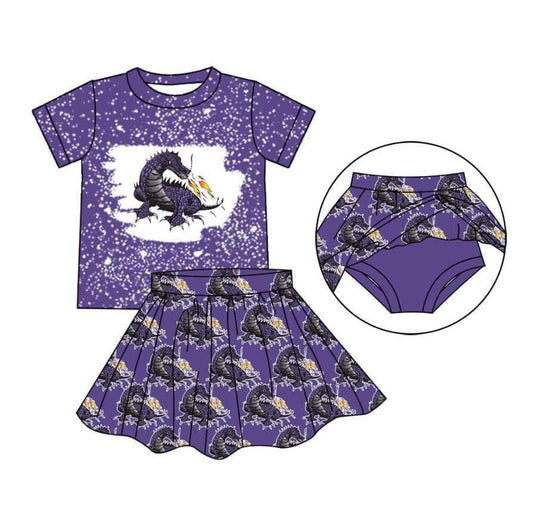 Baby Girl Short Sleeves Purple Team Dragon Shirt Skirt With Shorts Clothes Set