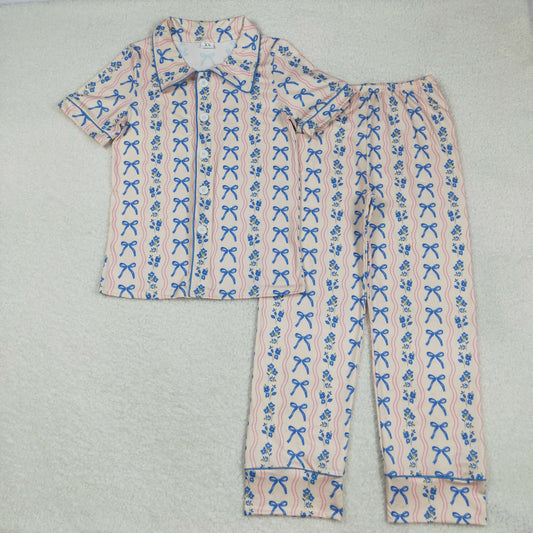 Adult Women Short Sleeves Blue Bows Flower Buttons Shirt Pants Pajamas Set RTS