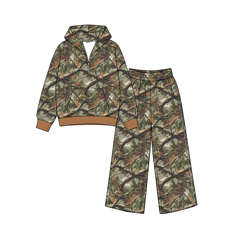 ( Moq 5 ) Preorder Baby Girls Kids Long Sleeves Leaves Hoodie Zipper Shirt Pockets Pants Set Clothes