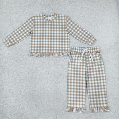 Sibling Baby Girls Kids Long Sleeves Plaid Shirts Pockets Pants Sets Clothes RTS