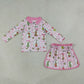 Baby Girls Kids Christmas Bows Face Zipper Pullover Skirt Shorts Pink Set Clothes RTS