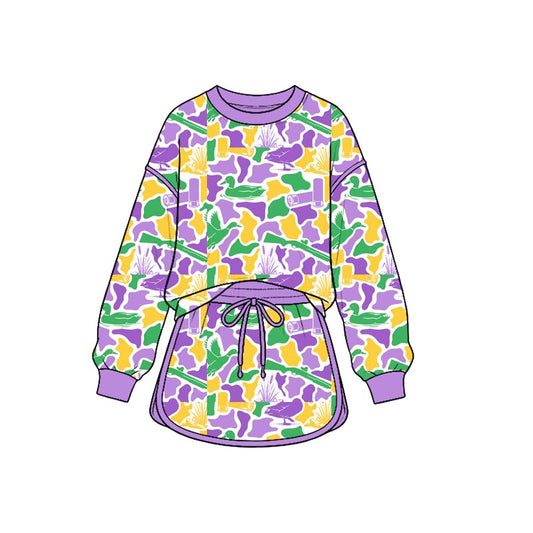 ( Moq 5 ) Preorder Baby Girls Kids Long Sleeves Shirt Deer Camo Skirt Shorts Mardi Gras Set
