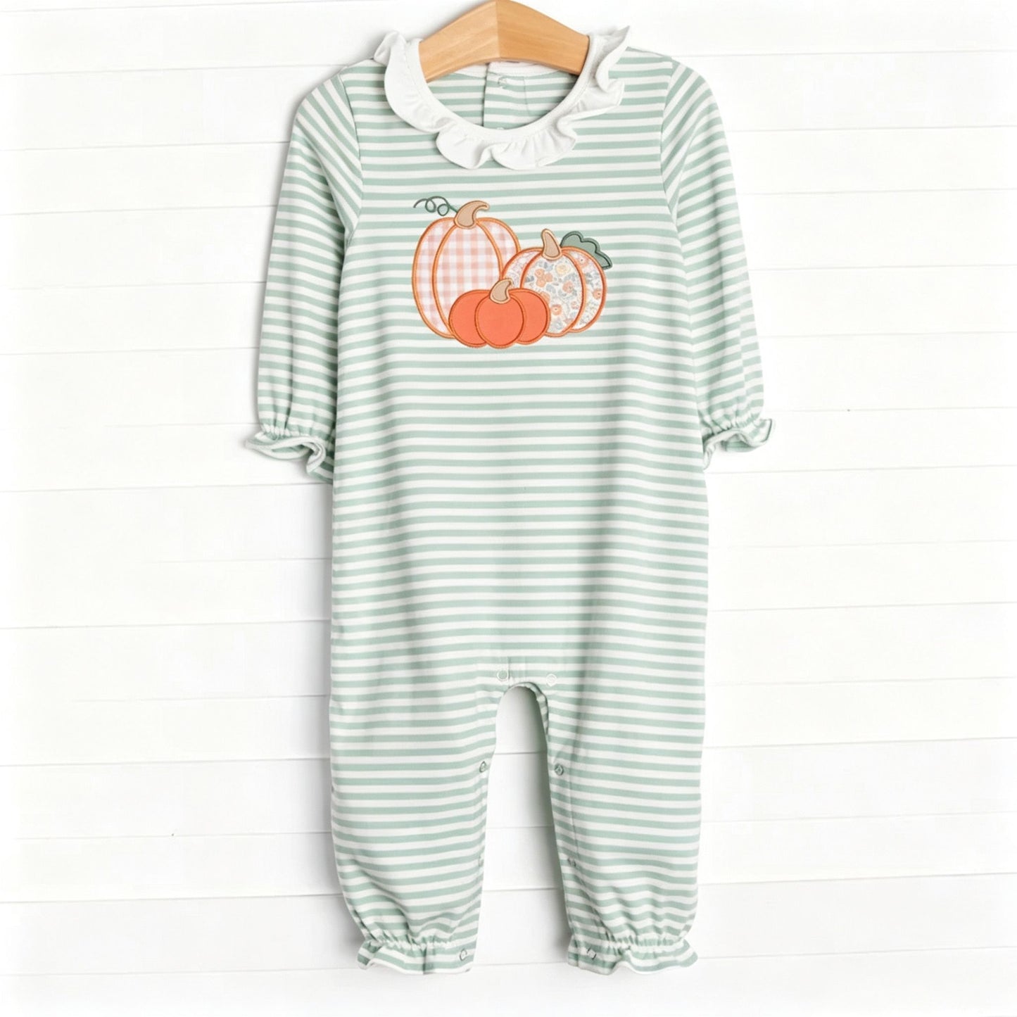 ( Moq 5 ) Preorder Baby Girl Kids Long Sleeves Pumpkins Green Stripes Fall Romper Clothes