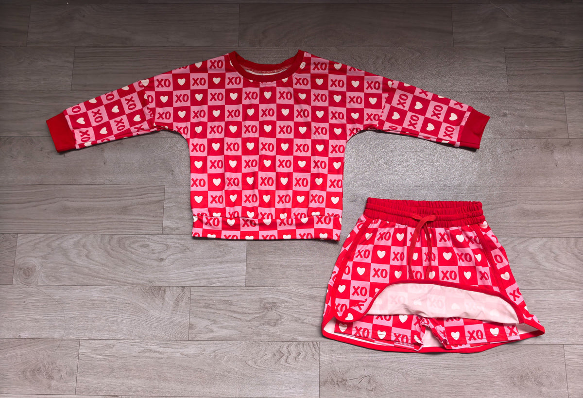 ( No moq ) Preorder Baby Girls Kids Long Sleeves Hearts Checked Shirt Skirt Shorts Valentine Set