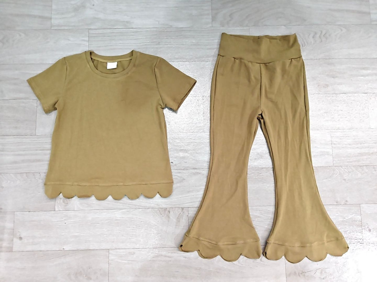 ( No moq ) Preorder Baby Girls Kids Short Sleeves Olive Shirt Pants Scallop Set Clothes